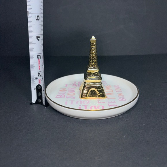 Ciroa Eiffel Tower Ring Holder Dish Gold White Pink French Phrases Stoneware 5in - Picture 7 of 14